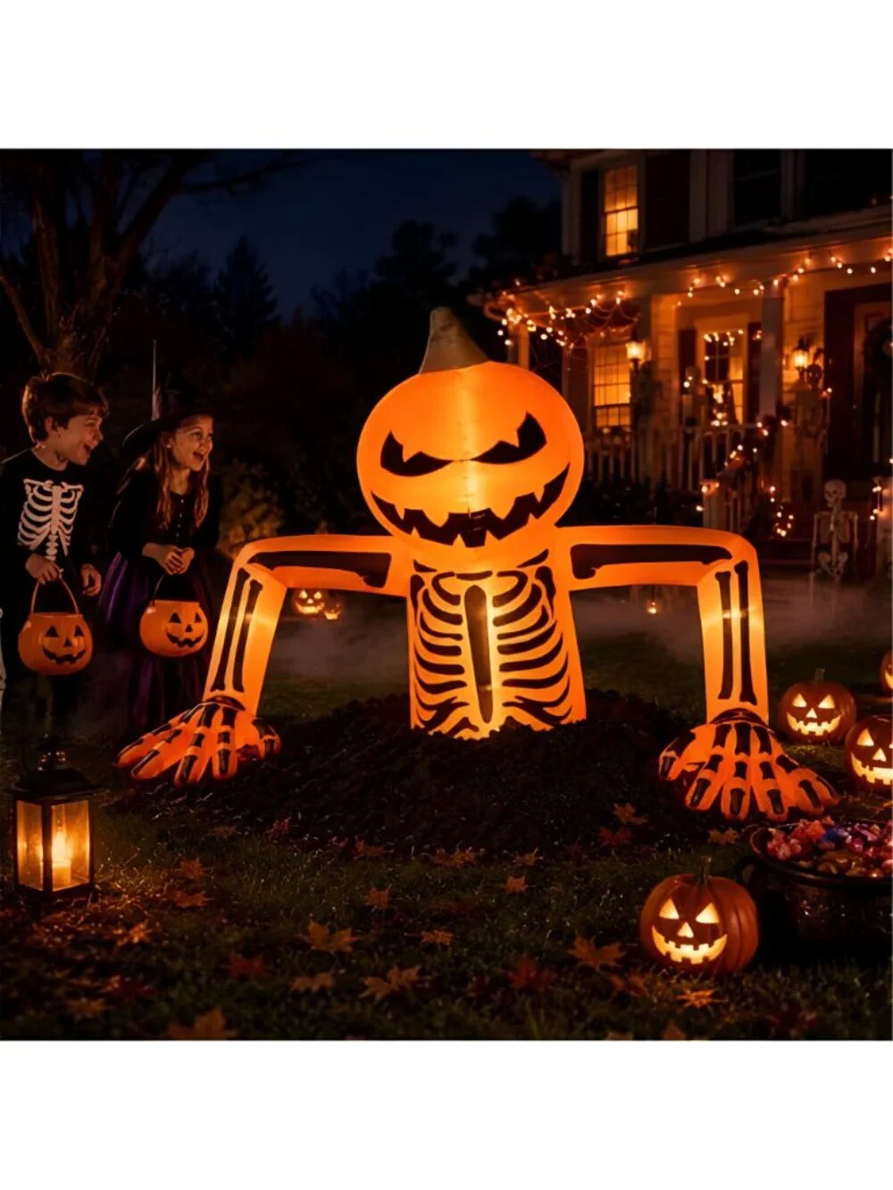 7.7Ft Halloween Inflatables Pumpkin Skeleton Decorations with LED Lights